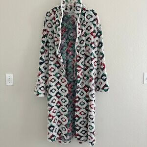 Vtg Crowntuft Chenille Robe Women L White Floral 80s Long Belted USA‎ Made Flaw